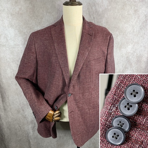 Joseph Abboud Linen Blazer Jacket Men 48R Burgundy Guabello Wool Sport Coat